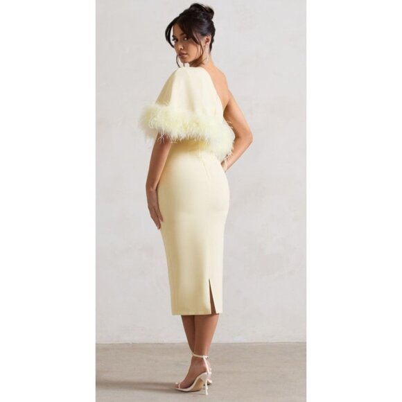 Club L London Victory | Lemon Asymmetric Midi Dress With Feather Trim Size US 8 - Picture 3 of 10